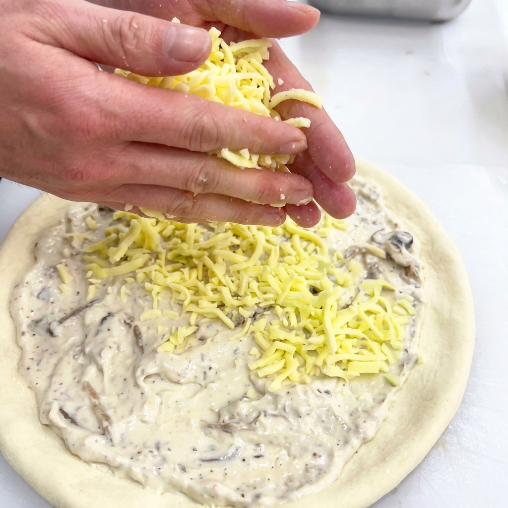 Hände streuen geriebenen hellen Käse auf einen Pizzaboden, der bereits mit weißer Sauce bestrichen ist.