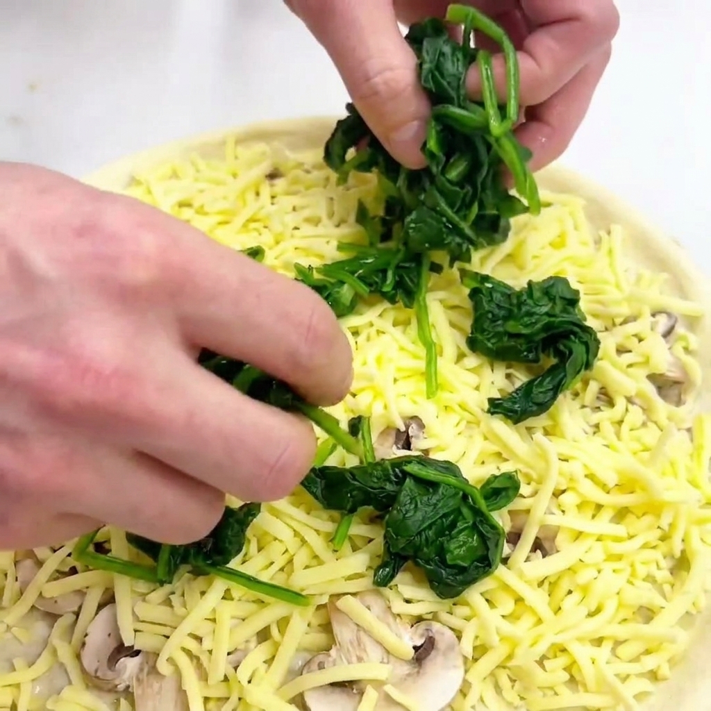 Hände legen dunkelgrüne, gekochte Spinatblätter auf eine mit Käse belegte Pizza.