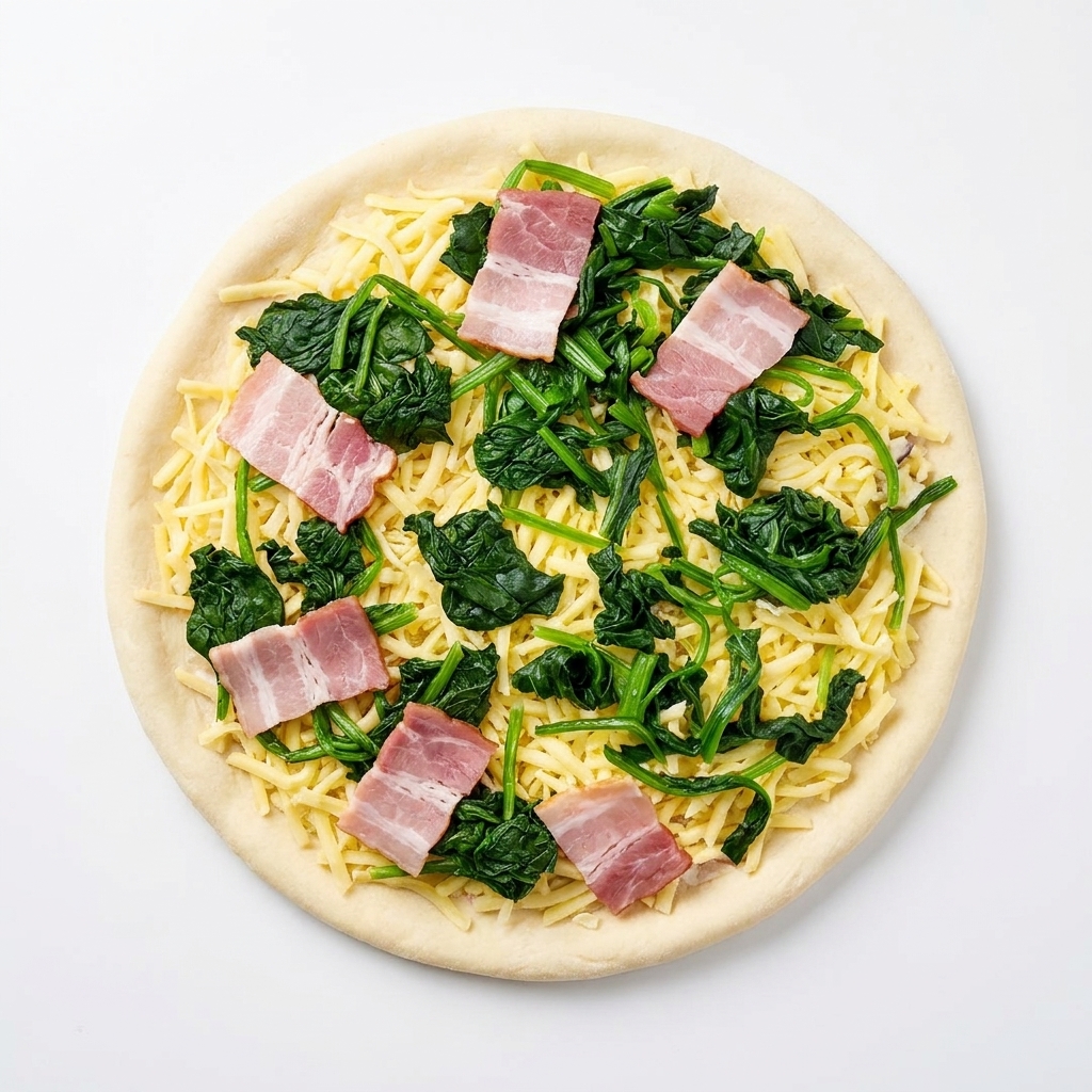 Draufsicht auf eine ungebackene Pizza mit weißer Sauce, Mozzarella, Spinat und sechs Scheiben rohem Speck.