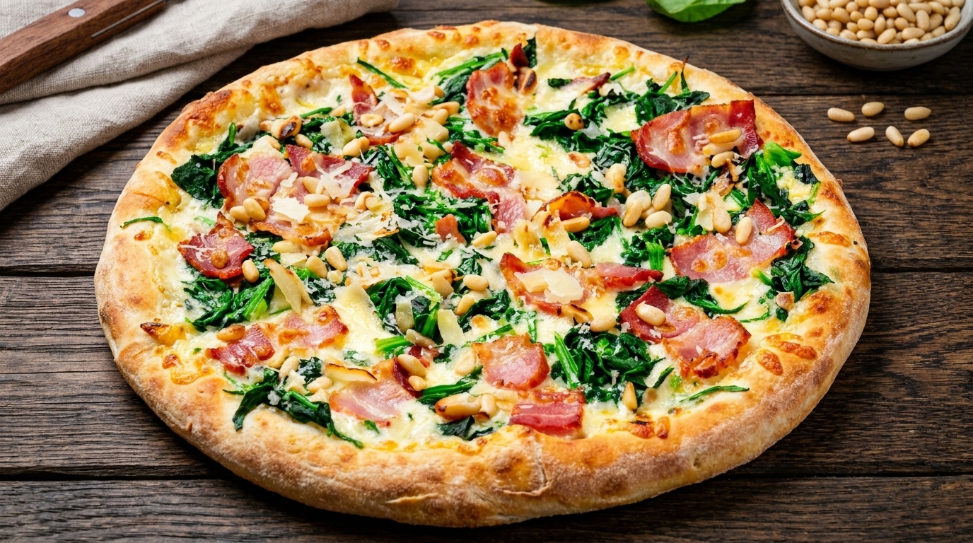 Cremige Spinat-Speck-Pizza mit Champignon-Rahmsauce