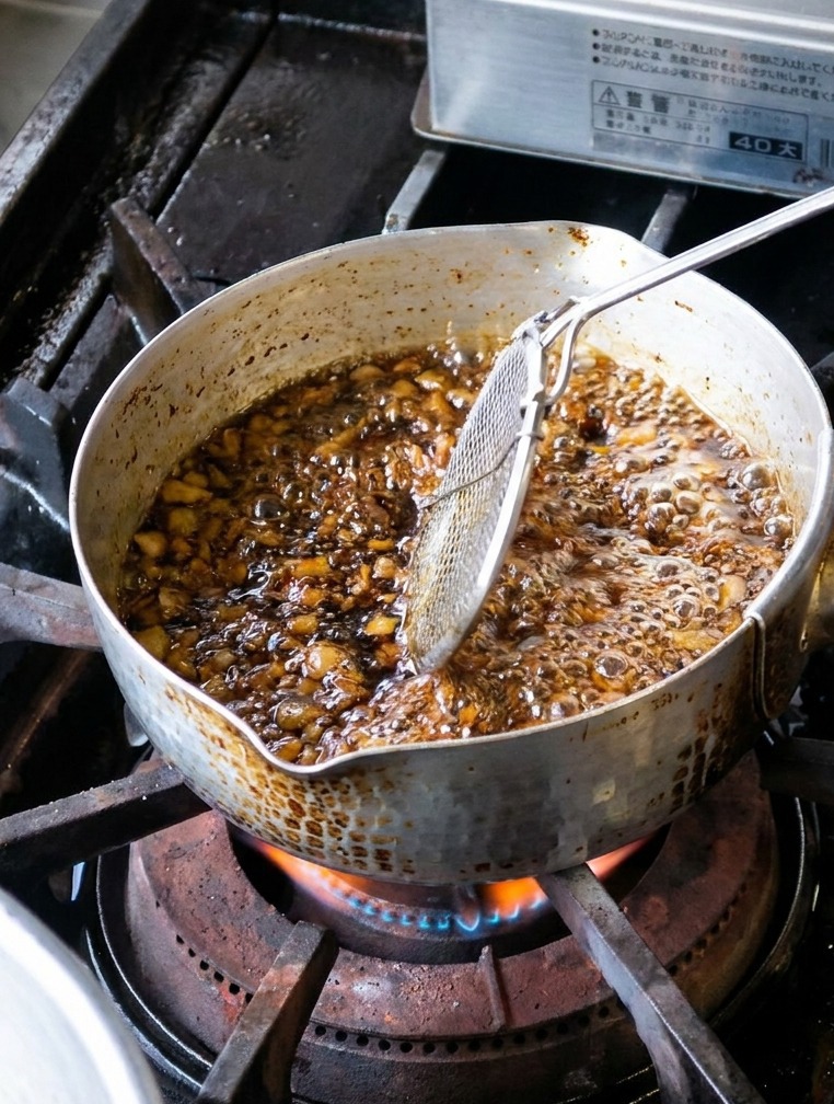 Die letzten Knoblauchscheiben sind tiefschwarz frittiert und werden aus dem Öl gehoben.