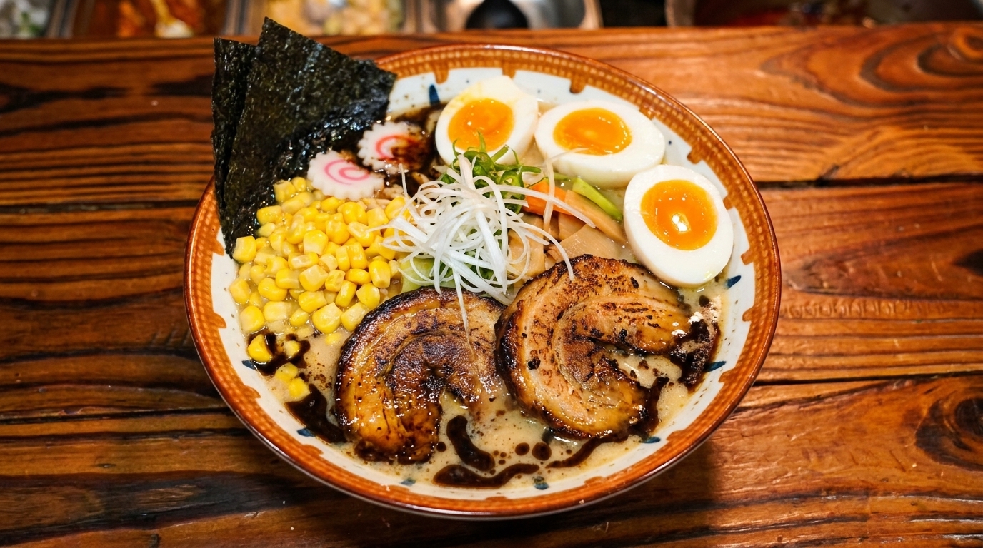 Kuro Mayu Ramen: Japanische Nudelsuppe mit schwarzem Knoblauchöl & Chashu
