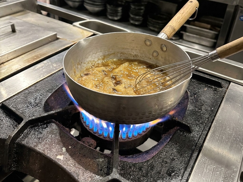 Ein Schneebesen rührt die blubbernde, dicke dunkle Sauce über einer Gasflamme glatt.