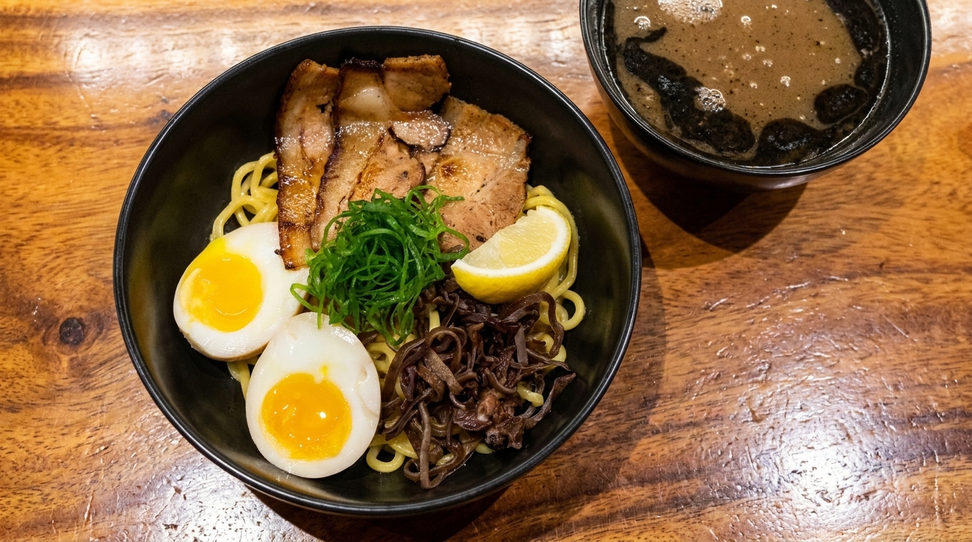 Japanische Mazesoba mit schwarzem Knoblauchöl