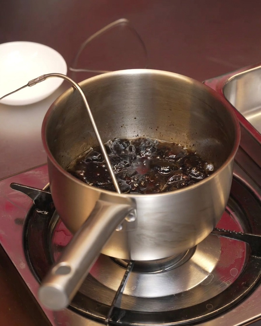 Tiefschwarz geröstete Knoblauchzehen brodeln in Öl in einem Edelstahltopf mit Thermometer.