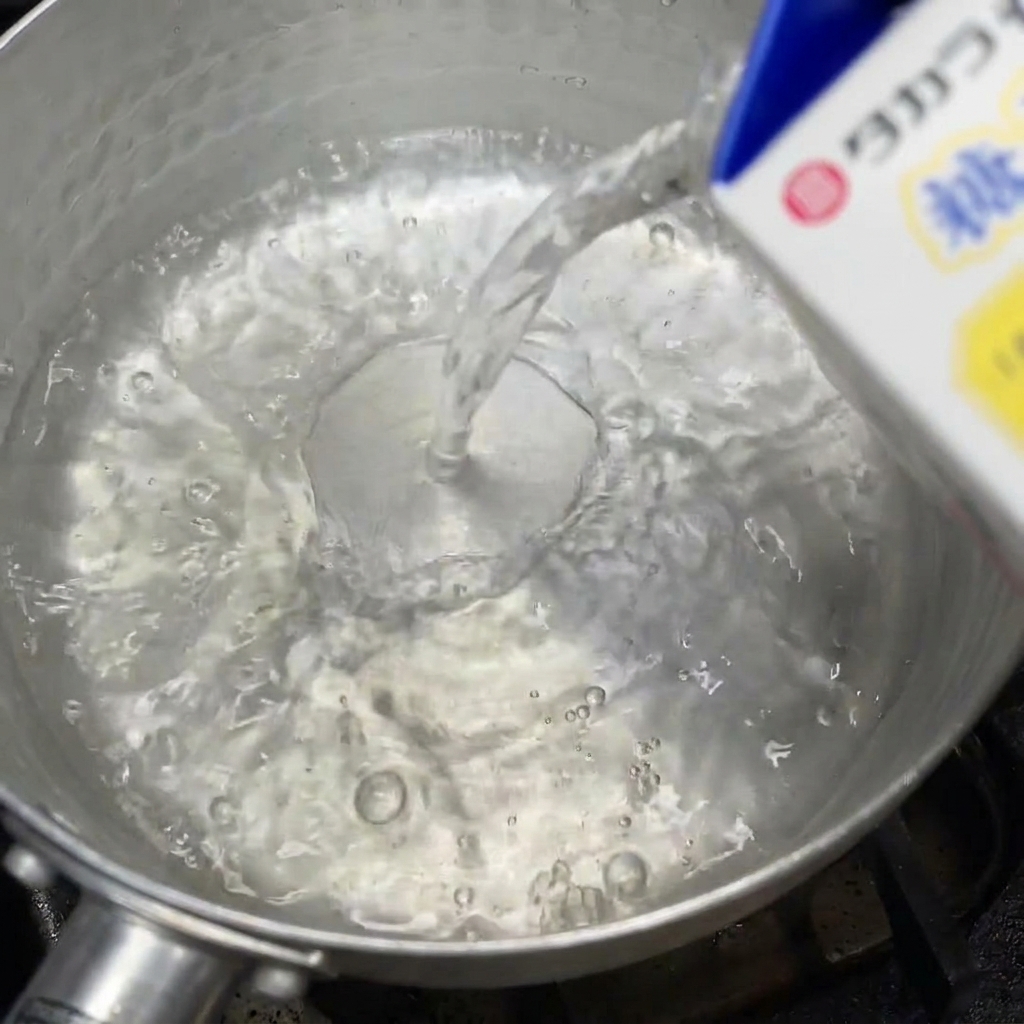 Sake wird in einen kleinen Metalltopf gegossen, der bereits helle Sojasauce enthält.