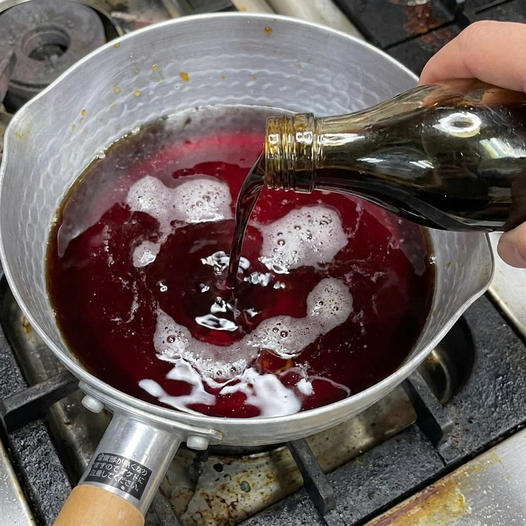 Zucker und getrocknete Bonitoflocken werden auf die Oberfläche der dunklen Sauce im Topf gegeben.
