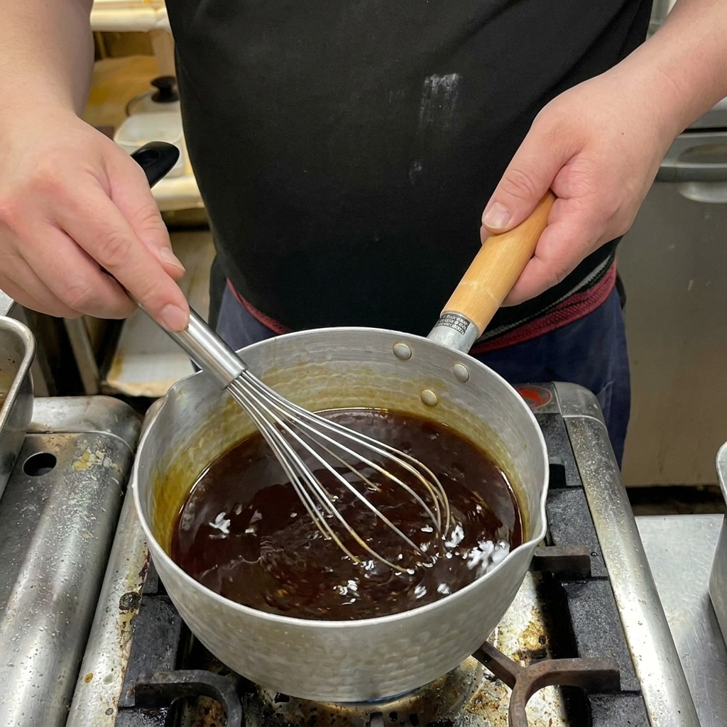 Eine Person rührt mit einem Schneebesen die dunkel sprudelnde Sauce in einem kleinen Topf auf dem Herd.