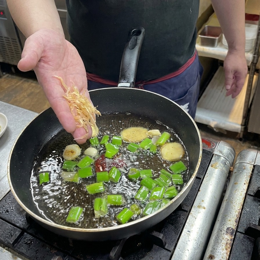 Eine Hand gibt getrocknete Garnelen in eine Pfanne mit brutzelnden Frühlingszwiebeln und Knoblauch.