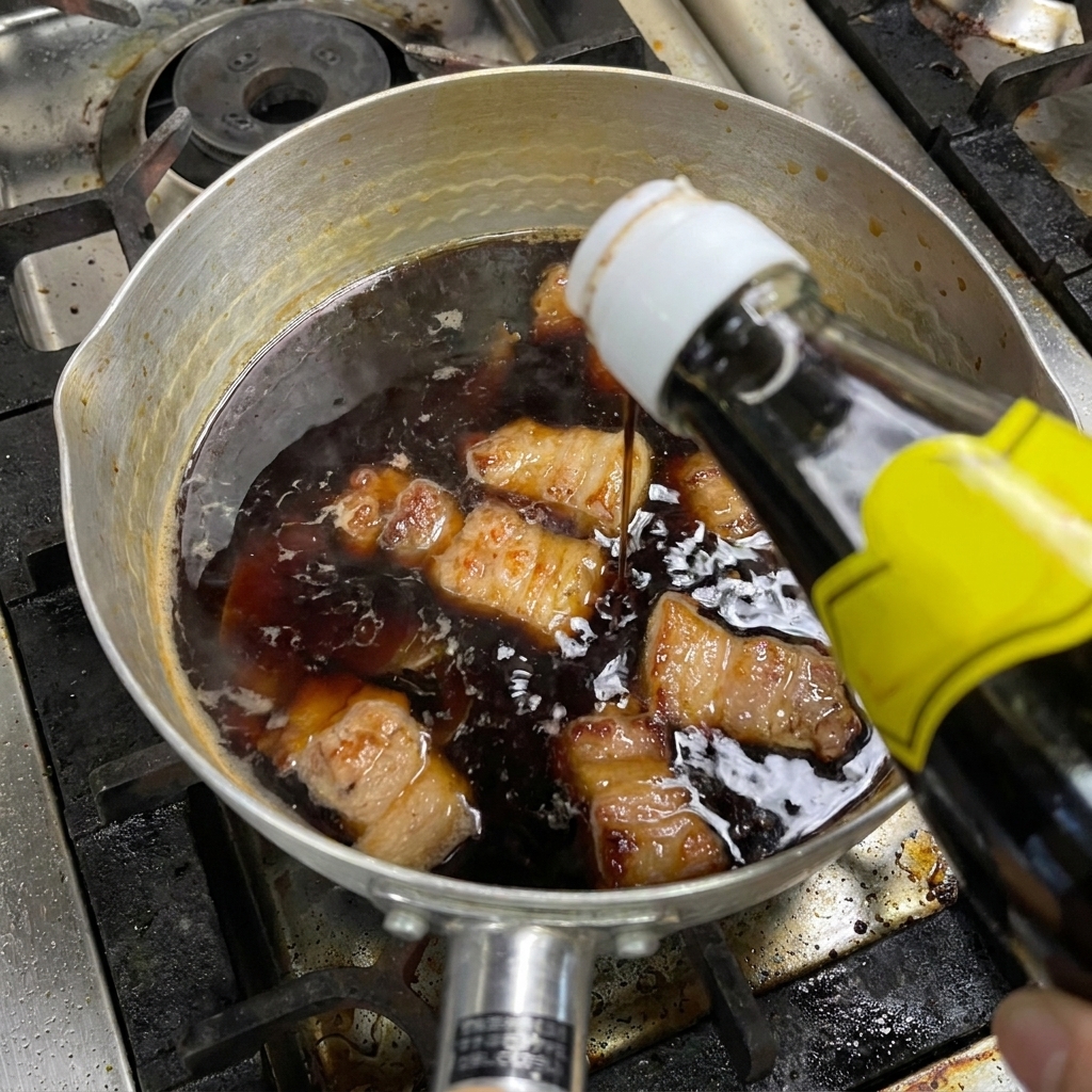 Dunkle Flüssigkeit wird aus einer Glasflasche in den Topf mit dem schmorenden Schweinebauch gegossen.
