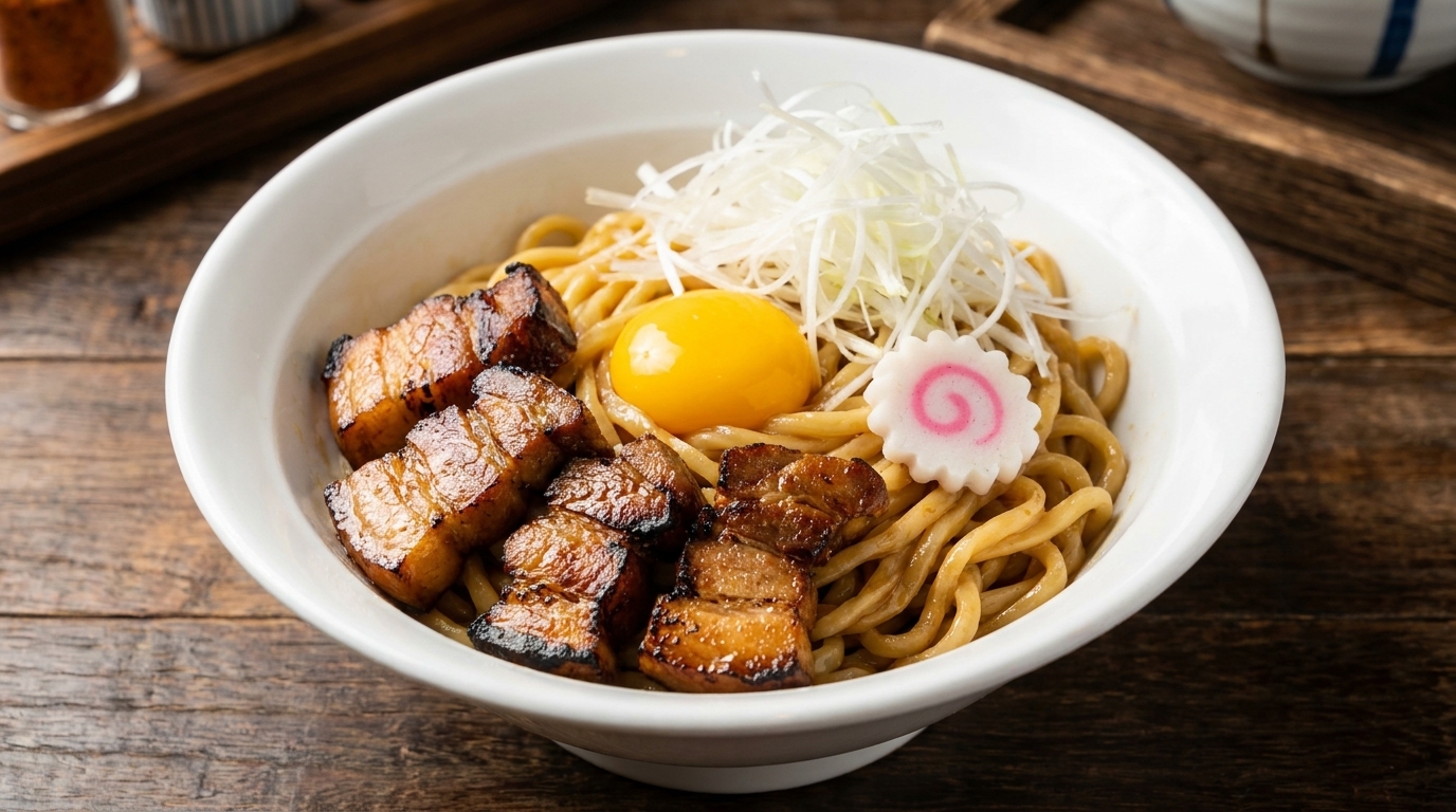 Japanische Abura Soba (Öl-Nudeln) mit geschmortem Schweinebauch