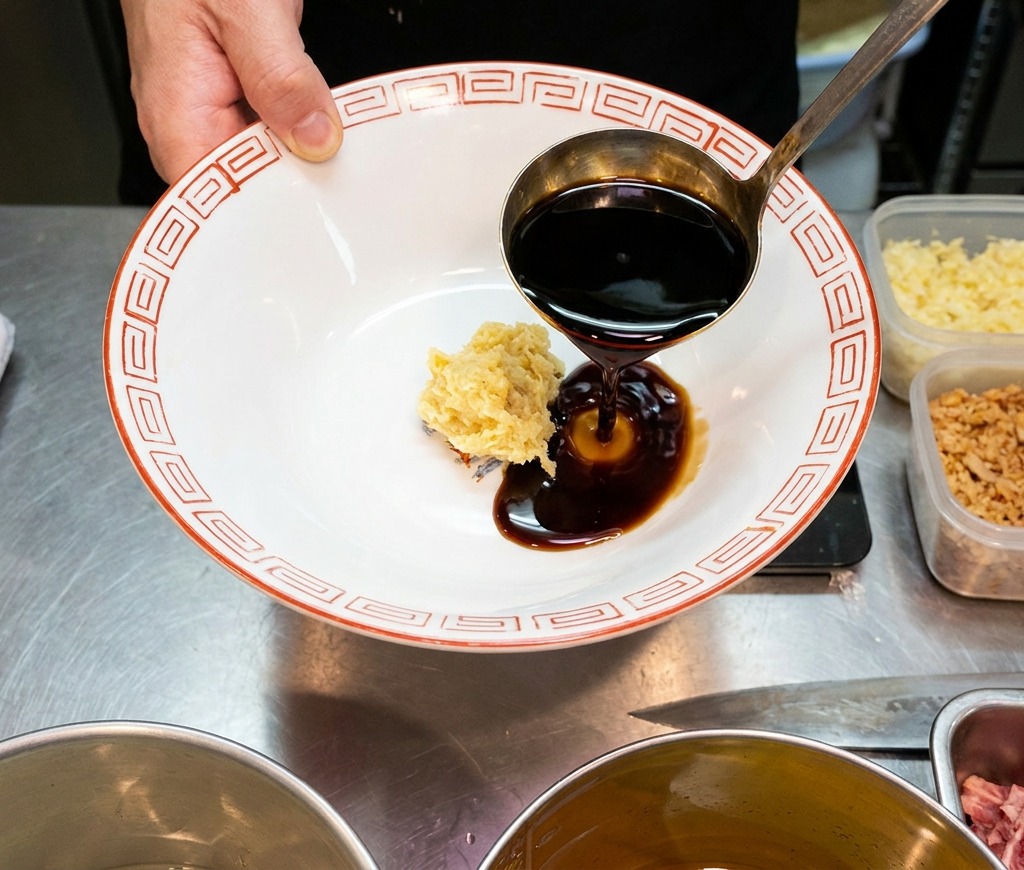 Dunkle, glänzende Sojasaucen-Tare wird mit einer Schöpfkelle in eine Ramen-Schüssel gegossen.