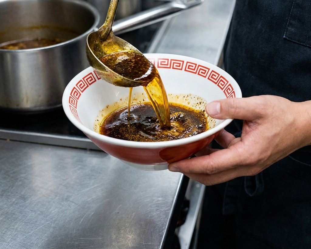 Eine Hand streut fein gehackte Frühlingszwiebeln in eine Schüssel mit dunkler Sauce.