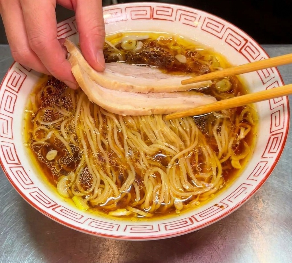 Eine Schüssel Ramen mit Nudeln und Fleisch, ergänzt durch einen Haufen leuchtend grünen Spinat.