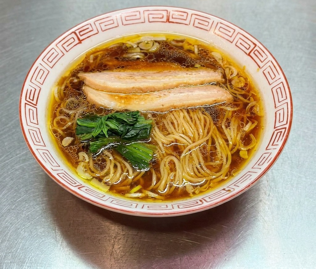 Eine fast fertige Schüssel Shoyu Ramen wird mit braunen Bambussprossen garniert.