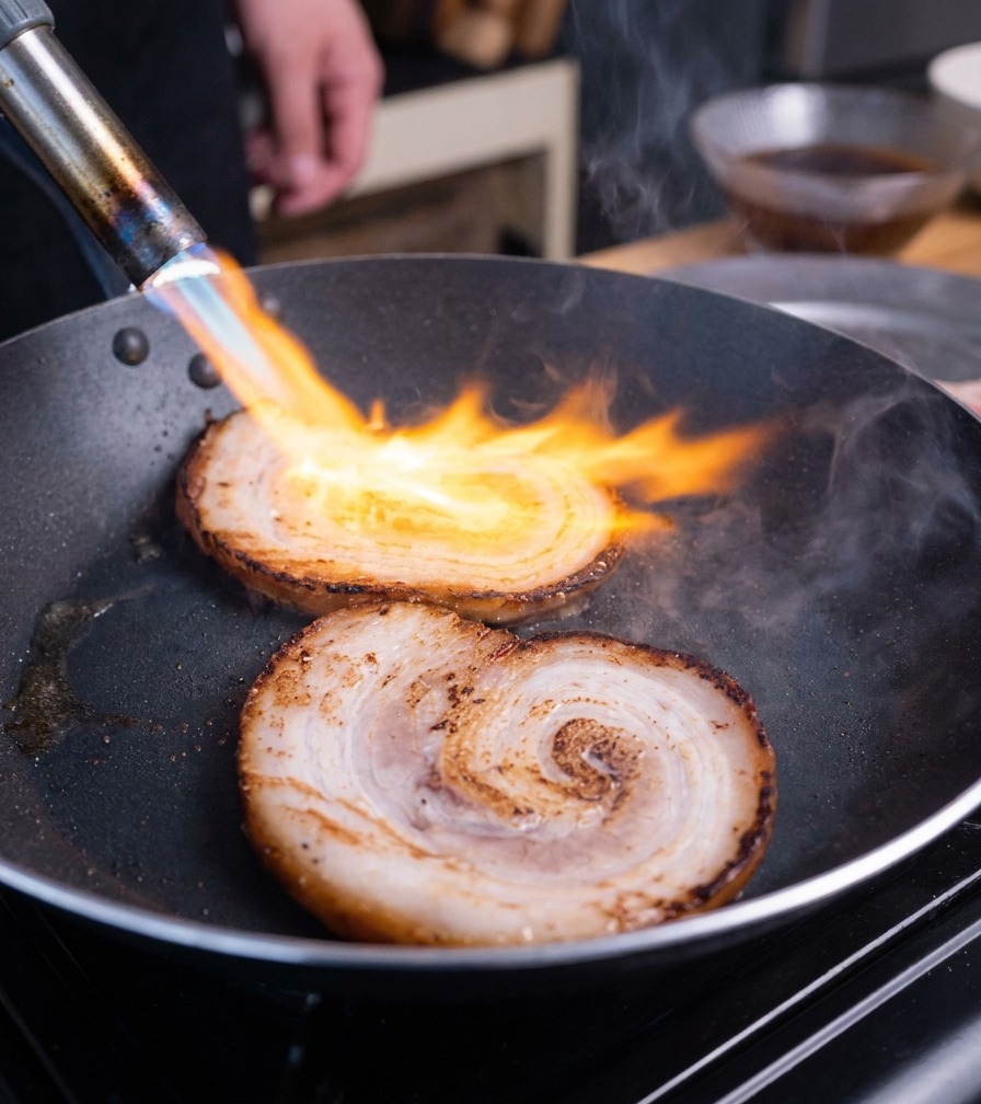 Ein Küchenbrenner flambiert die Oberfläche von dicken Chashu-Scheiben in einer schwarzen Pfanne.