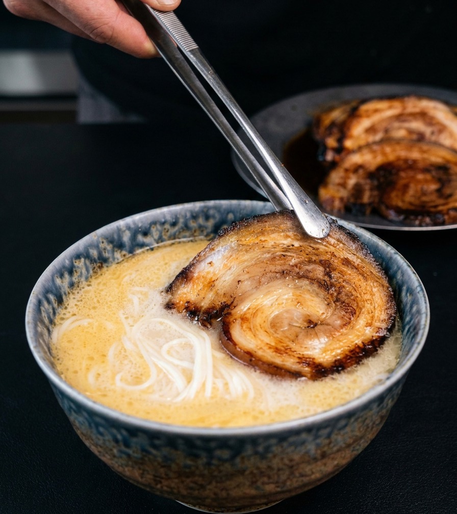 Eine Metallzange legt eine karamellisierte Scheibe Schweinebauch in eine Schale mit cremiger Ramen-Suppe.