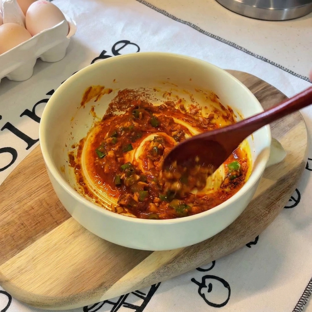 Ein Holzlöffel rührt eine dicke orangefarbene Sauce mit Frühlingszwiebeln in einer kleinen gelben Schüssel um.