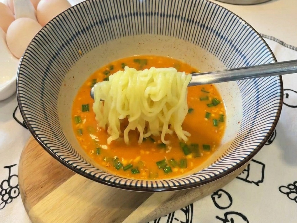 Gelbe, wellige Nudeln werden mit Metallstäbchen in einer Schüssel mit cremiger orangefarbener Ramensuppe angehoben.