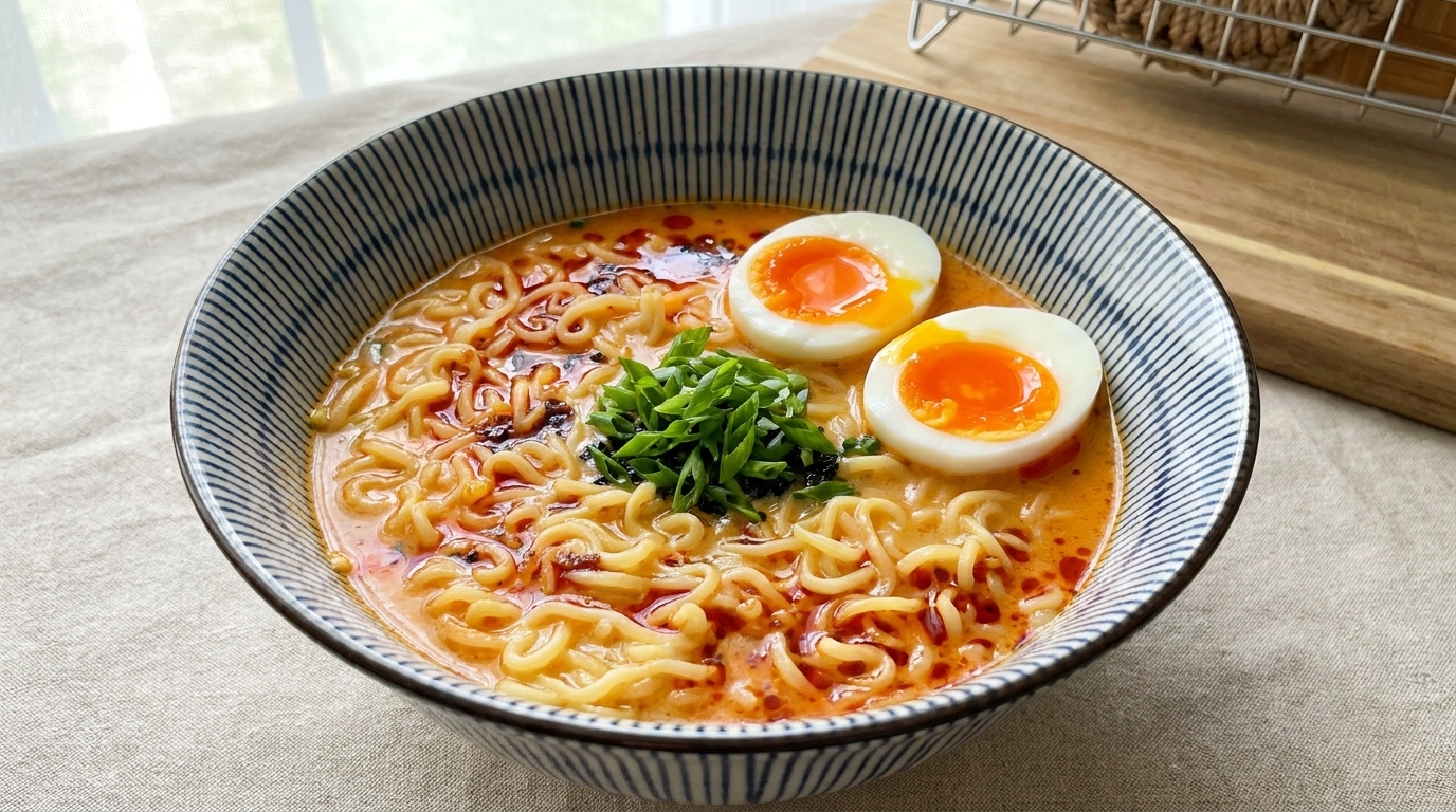 Cremiges Instant-Tonkotsu-Ramen mit wachsweichen Eiern