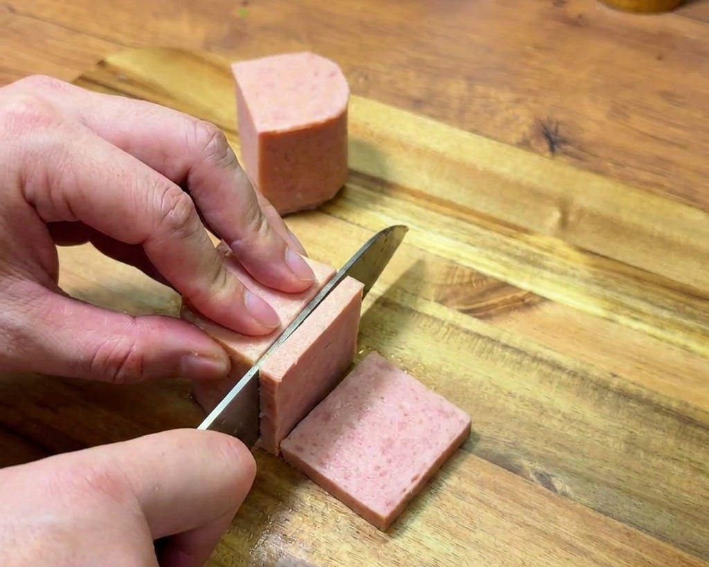 Eine Person schneidet einen Block Frühstücksfleisch auf einem Holzbrett in dicke, rechteckige Scheiben.