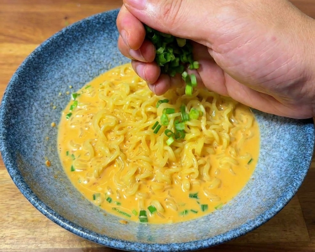 Eine Hand streut gehackte Frühlingszwiebeln auf die Ramen-Nudeln.