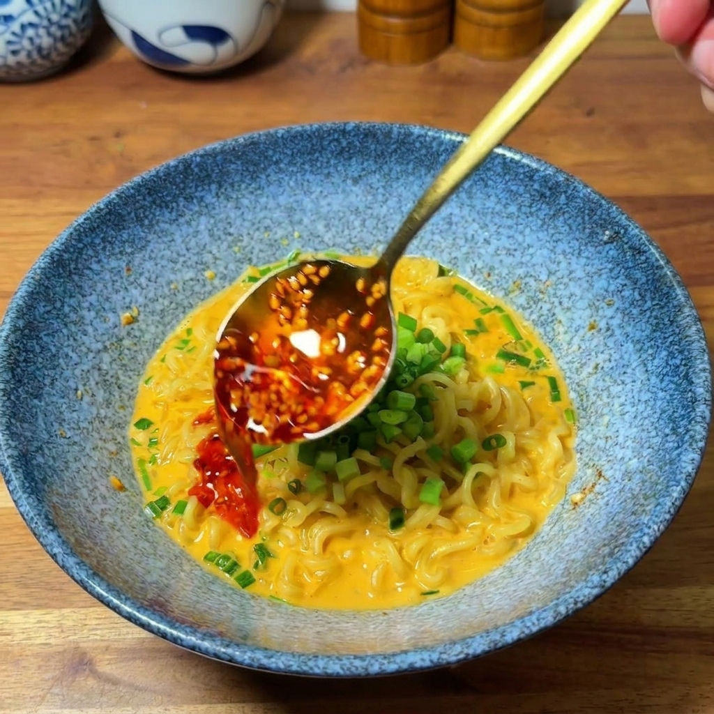 Ein goldener Löffel träufelt rotes Chiliöl und Sesam auf das fertige Ramen.