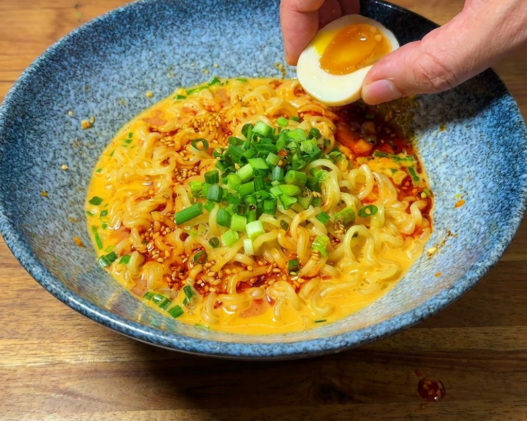 Eine Hand legt eine Hälfte eines weichgekochten Eis mit flüssigem Dotter auf das Ramen.