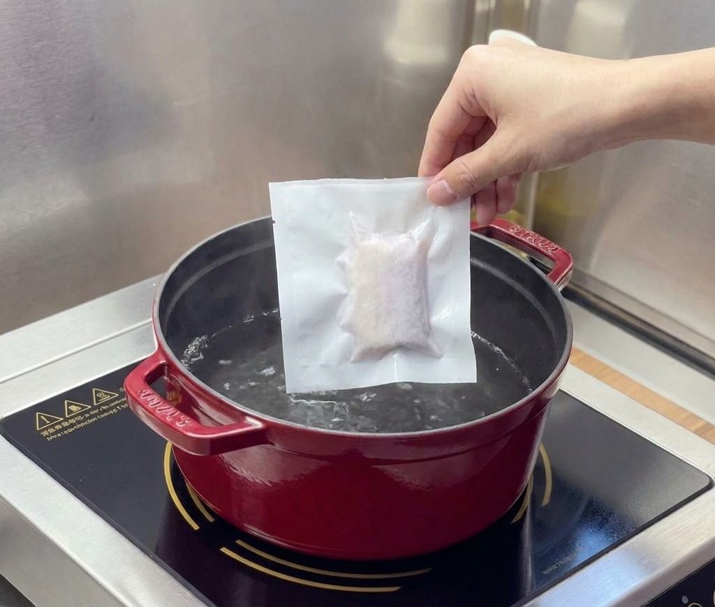Eine Hand hält eine vakuumierte Fleischpackung über einen Topf mit dampfendem Wasser.