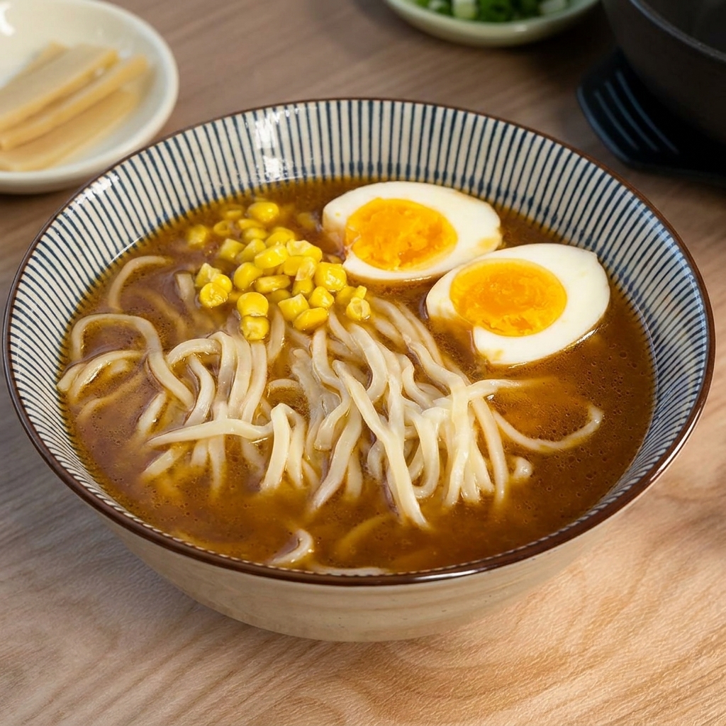 Eine Portion leuchtend gelbe Maiskörner liegt auf den Nudeln in der Suppe neben dem Ei.