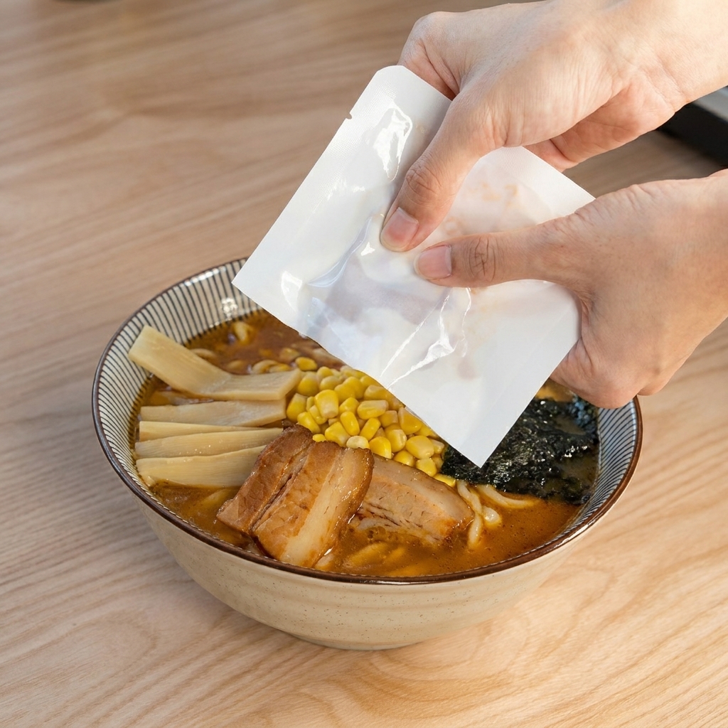 Eine Hand lässt eine Scheibe mariniertes Chashu-Schwein aus einem Beutel auf die Ramen gleiten.