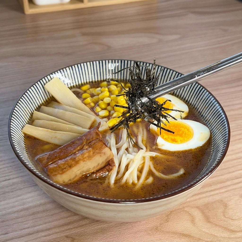 Metallstäbchen legen einen Stapel Nori-Streifen auf die fast fertige Ramen-Schüssel.
