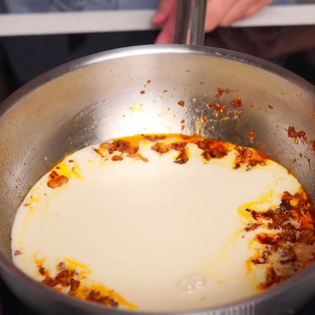 Eine Pfanne mit einer cremigen, hellorangen Suppenbasis und feinen Fettaugen auf der Oberfläche.