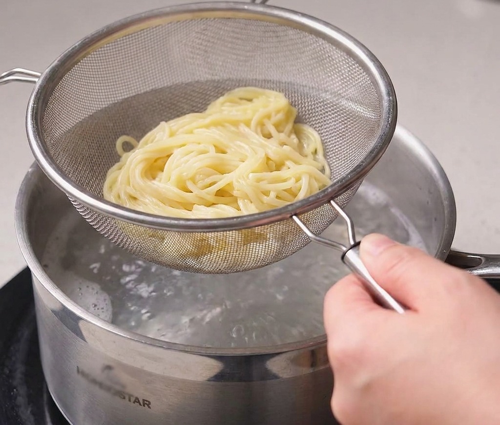 Ein Sieb hält eine Portion gekochte gelbe Nudeln über einen Topf mit dampfendem Wasser.