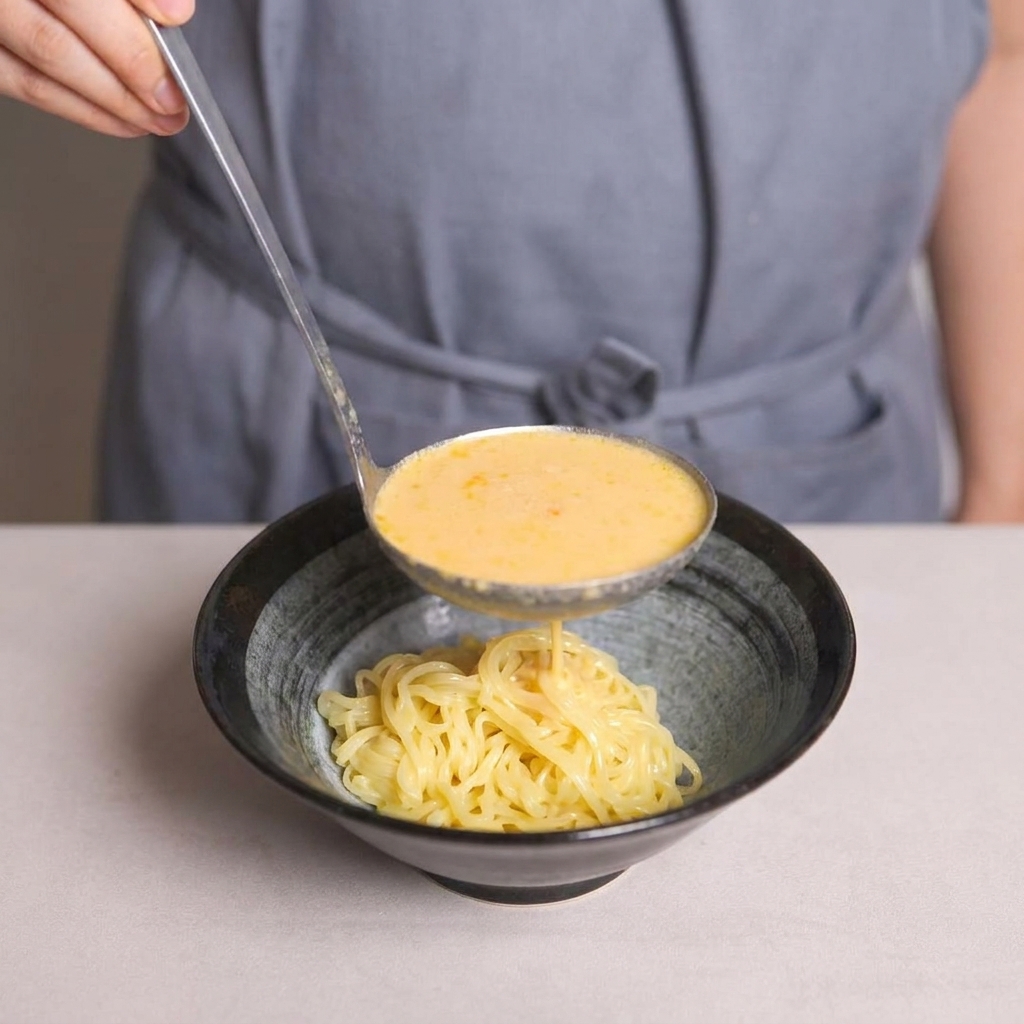 Eine Schöpfkelle gießt die cremige, gelb-orange Suppe über die Nudeln in einer dunklen Schale.