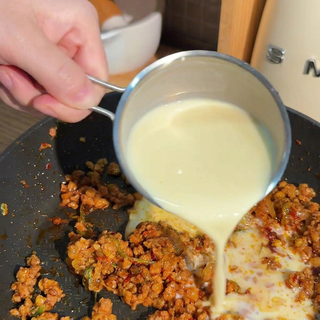Frische weiße Sojamilch wird aus einem Edelstahlbecher in die Pfanne zum Fleisch und der roten Sauce gegossen.