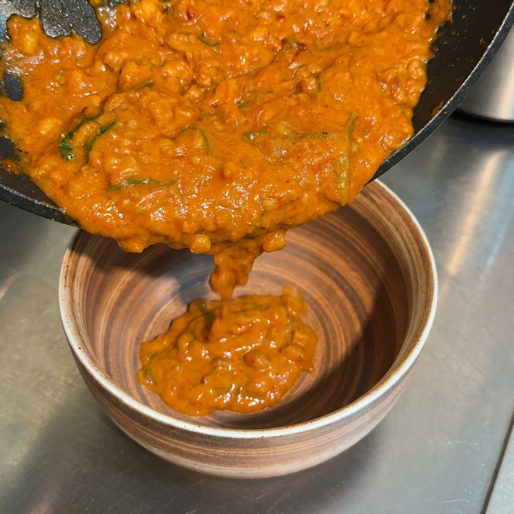 Dickflüssige, orangefarbene Miso-Dipsauce wird aus einer schwarzen Pfanne in eine Keramikschale gegossen.