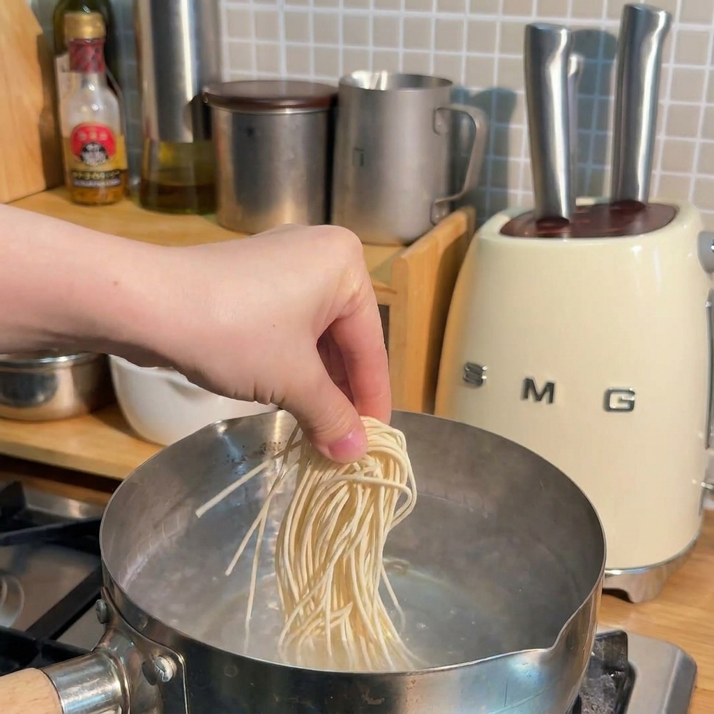 Ein Bündel langer, trockener Ramen-Nudeln wird in einen Edelstahltopf mit kochendem Wasser gegeben.
