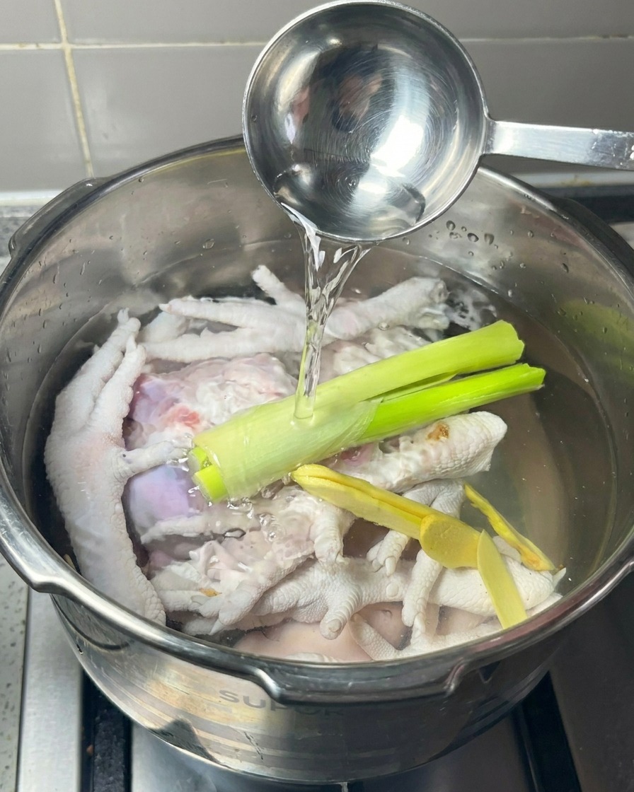 Ein Schnellkochtopf gefüllt mit Fleisch und Aromaten, während weißer Wein aus einer Kelle hinzugefügt wird.