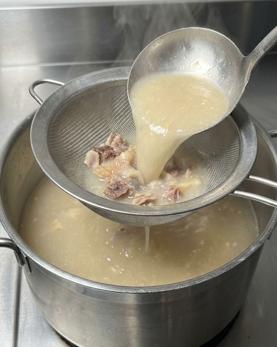 Weiße Schweineknochenbrühe wird durch ein feines Sieb in einen sauberen Topf gegossen.