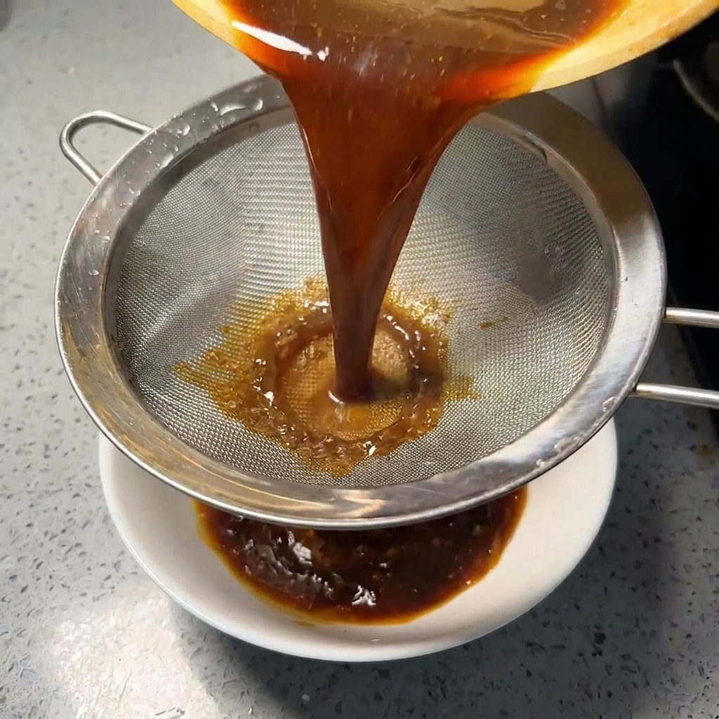 Dunkle, konzentrierte Würzsauce wird durch ein Metallsieb in eine weiße Keramikschüssel gegossen.