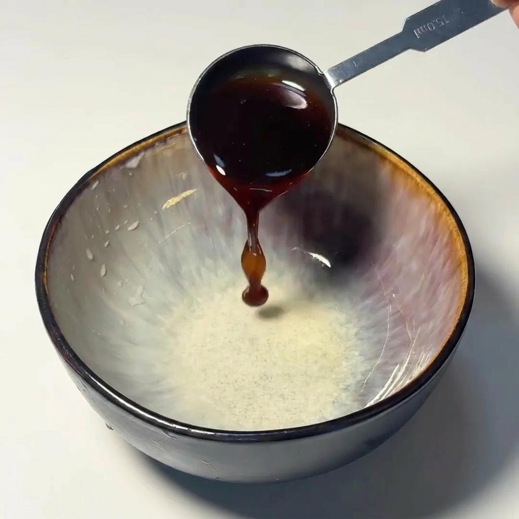 Dunkle, sirupartige Würzsauce wird in den Boden einer dekorativen Keramikschale gegossen.