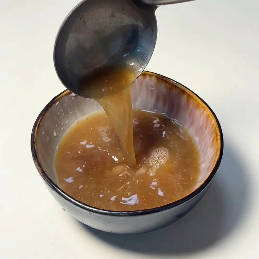 Eine Kelle gießt hellbraune Schweineknochenbrühe in eine Schale mit Würzsauce.