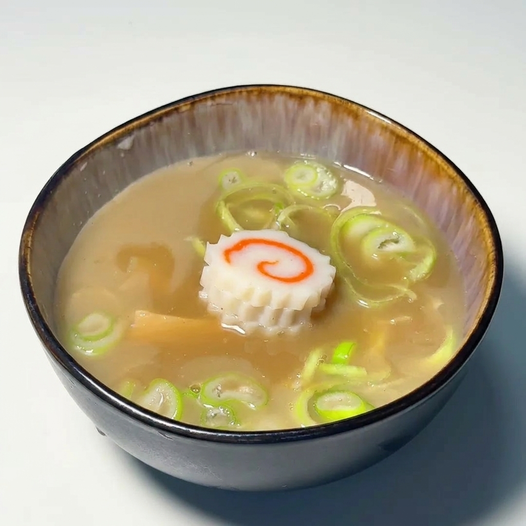 Eine Schale mit Dipping-Brühe, Narutomaki, Bambussprossen und Frühlingszwiebeln.