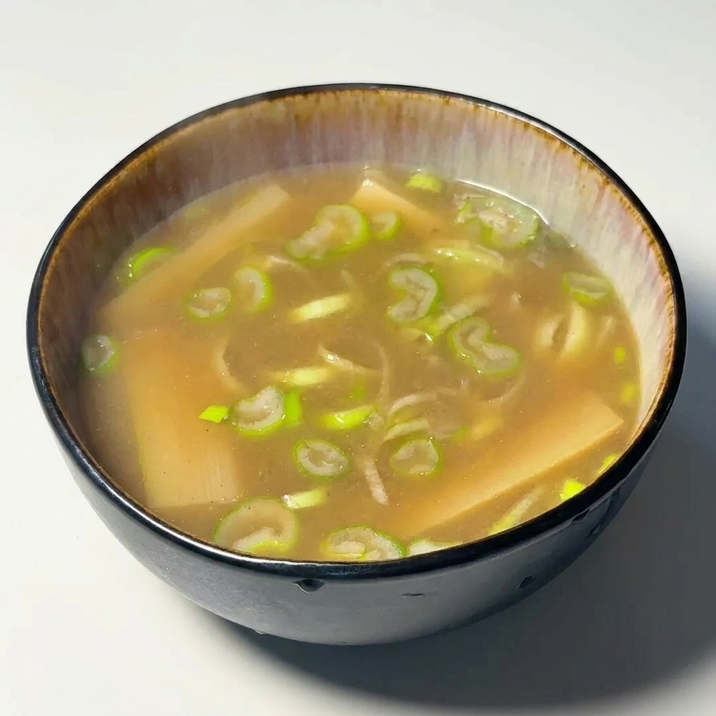 Die fertige Dipping-Schale für Tsukemen mit treibenden Frühlingszwiebeln und Bambussprossen.