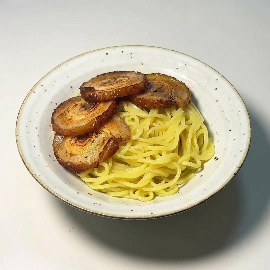 Vier Scheiben angebratenes Chashu liegen ordentlich auf den Ramen-Nudeln in einer weißen Schale.