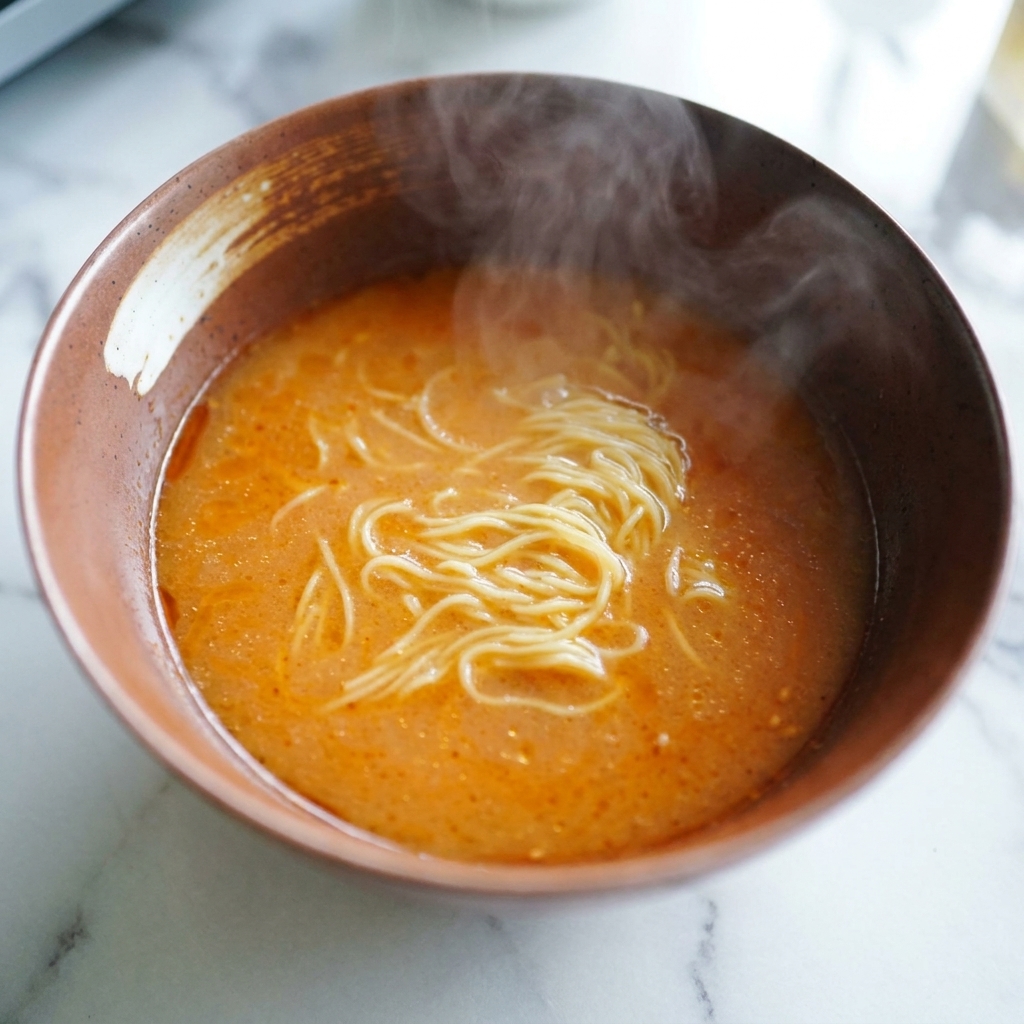 Gekochte gelbe Nudeln werden in die orangefarbene Miso-Brühe gelegt.