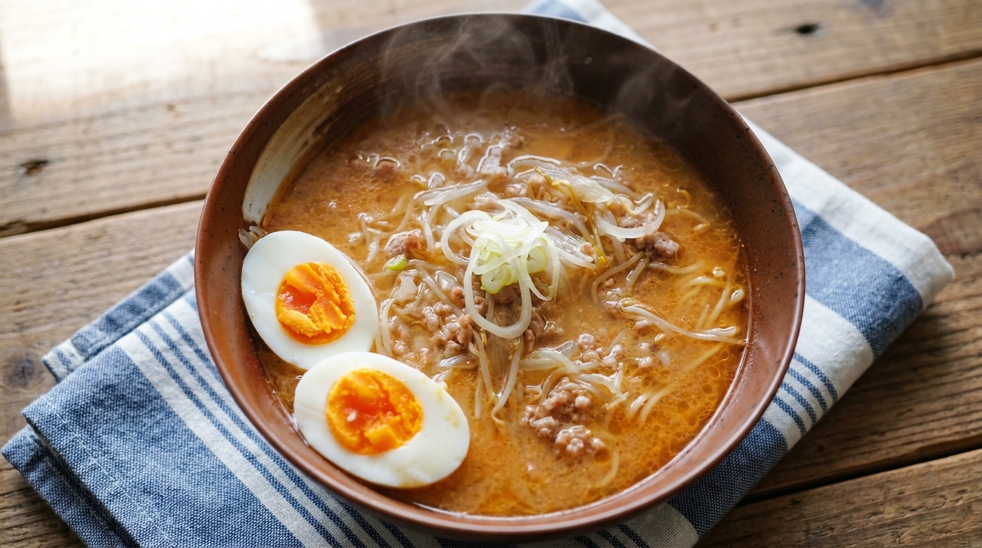 Eine dampfende Schale Sapporo Miso Ramen mit kräftiger orangefarbener Brühe, gebratenem Hackfleisch, Sprossen und wachsweichen Eiern.