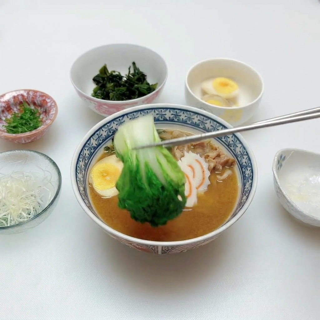 Eine Hand legt eine Portion gegarten Bok Choy mit silbernen Stäbchen in die Ramen-Schüssel.