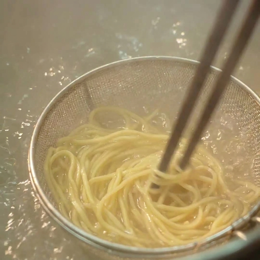 Nahaufnahme von Holzstäbchen, die gelbe Ramen-Nudeln in einem Metallsieb in sprudelndem Wasser umrühren.